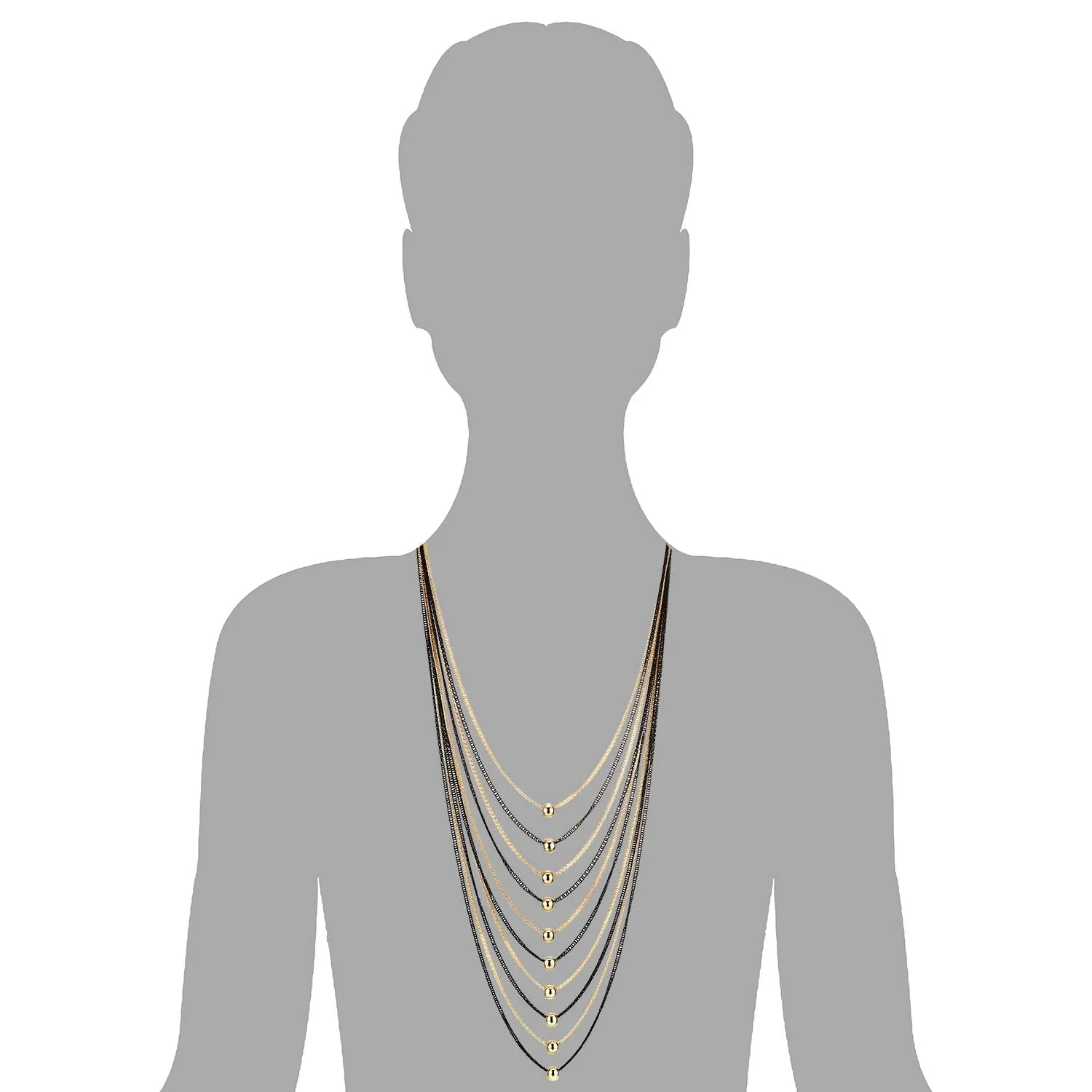 Black Gold Statement Necklace Waterfall Multi-Strand Long Chains Beads Ball Charm Pendant, Dress