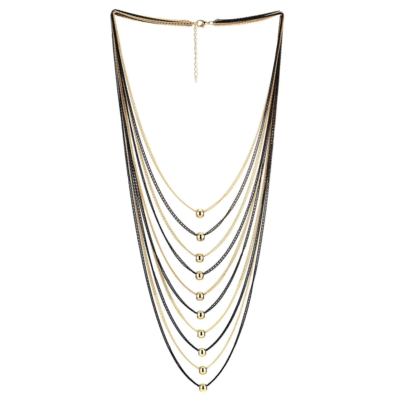 Black Gold Statement Necklace Waterfall Multi-Strand Long Chains Beads Ball Charm Pendant, Dress