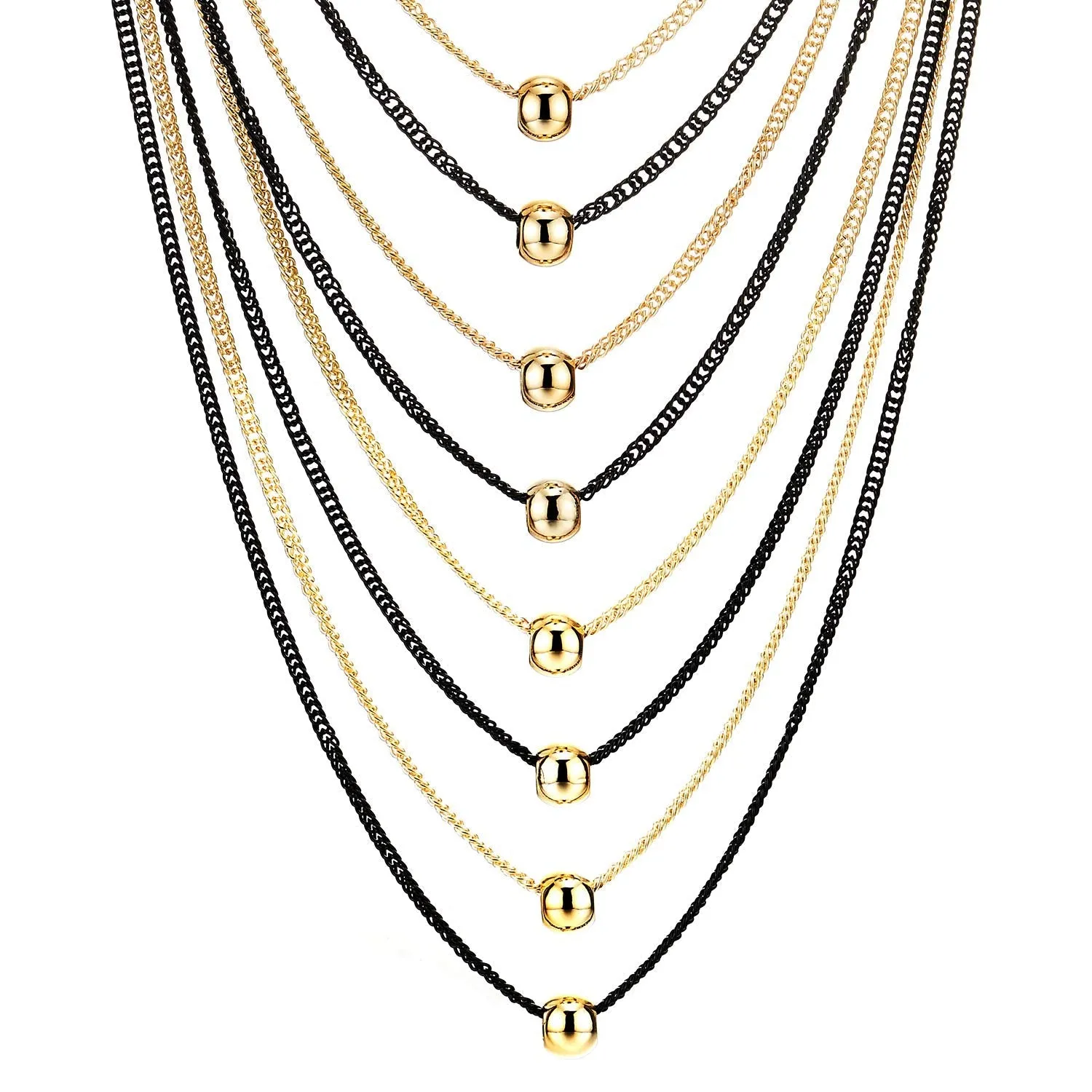 Black Gold Statement Necklace Waterfall Multi-Strand Long Chains Beads Ball Charm Pendant, Dress