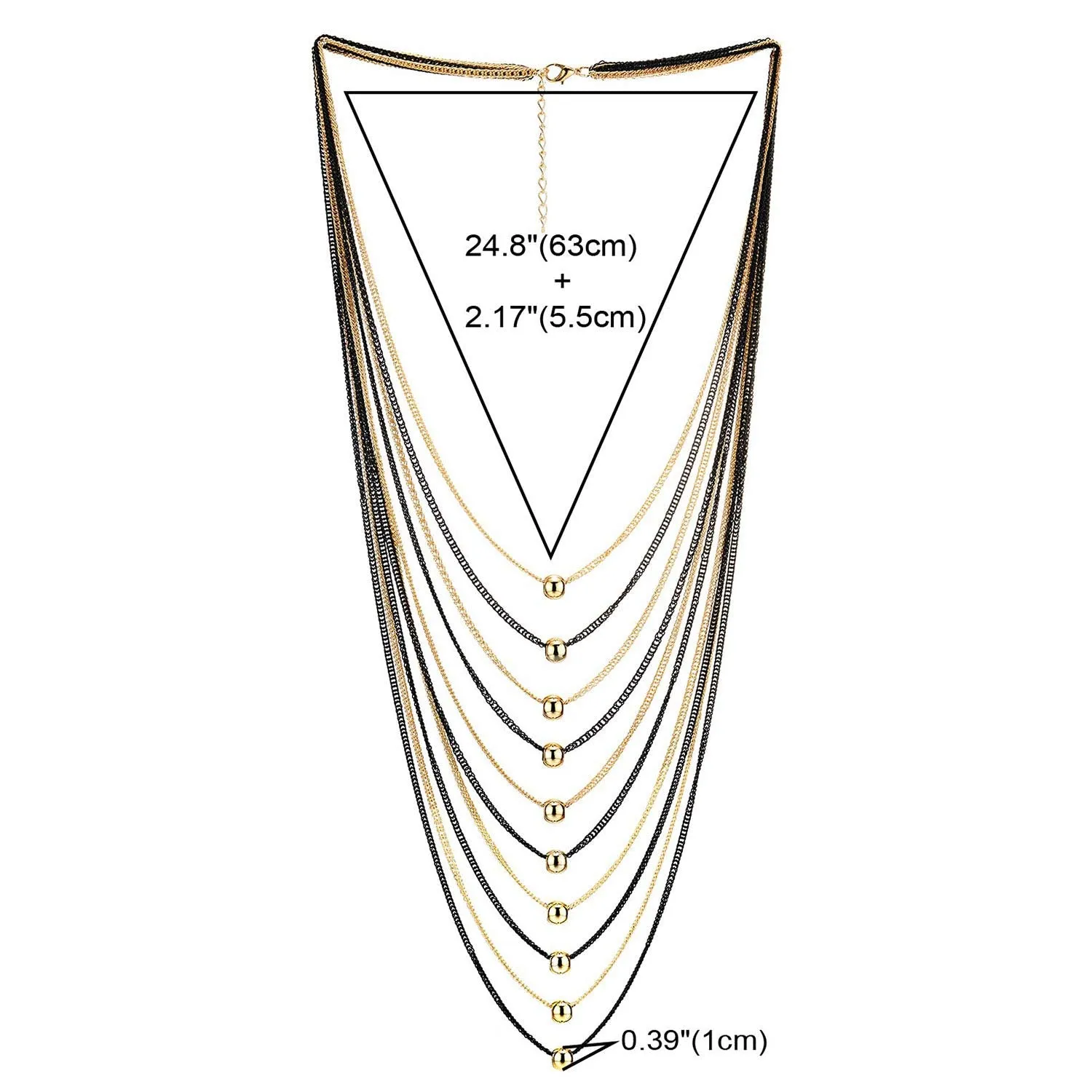 Black Gold Statement Necklace Waterfall Multi-Strand Long Chains Beads Ball Charm Pendant, Dress