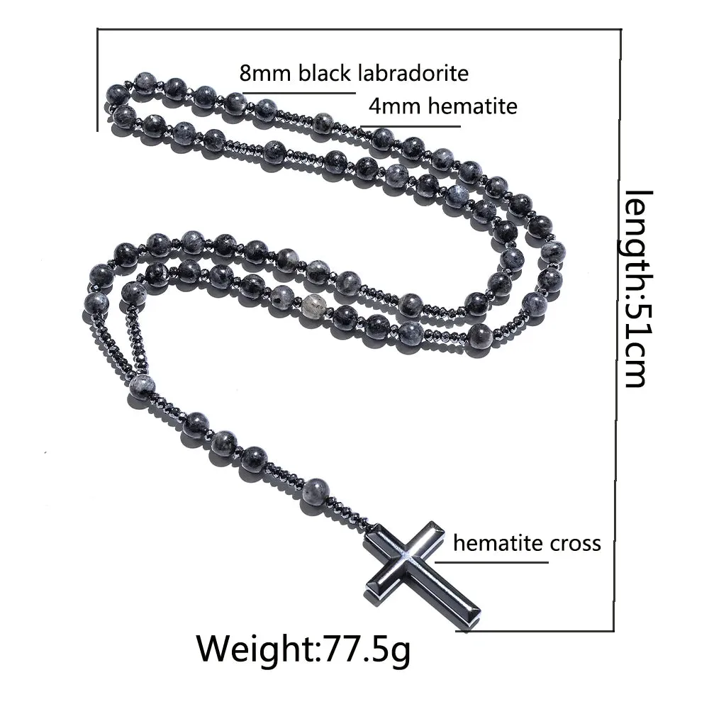 Black Labradorite Catholic Christian Rosary Beaded Necklace Cross Pendant Men and Women Meditation