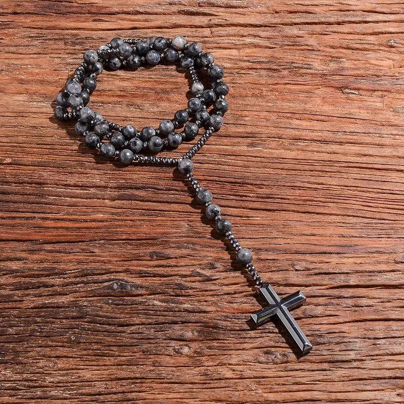 Black Labradorite Catholic Christian Rosary Beaded Necklace Cross Pendant Men and Women Meditation