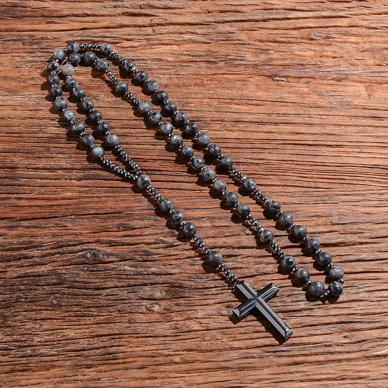 Black Labradorite Catholic Christian Rosary Beaded Necklace Cross Pendant Men and Women