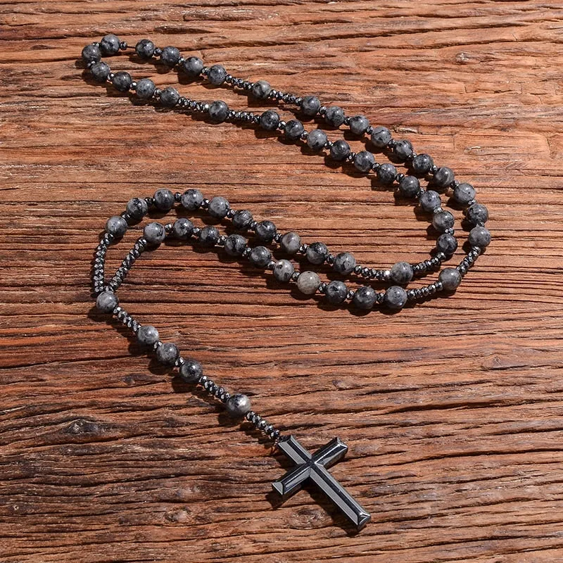 Black Labradorite Catholic Christian Rosary Beaded Necklace Cross Pendant Men and Women