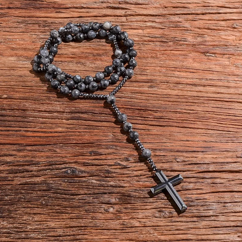 Black Labradorite Catholic Christian Rosary Beaded Necklace Cross Pendant Men and Women