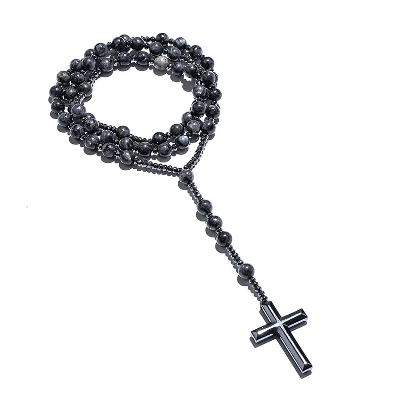 Black Labradorite Catholic Christian Rosary Beaded Necklace Cross Pendant Men and Women