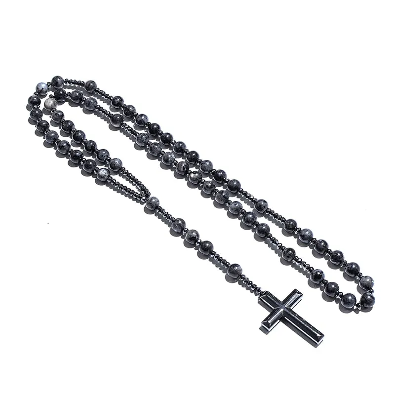 Black Labradorite Catholic Christian Rosary Beaded Necklace Cross Pendant Men and Women