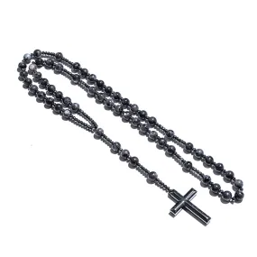 Black Labradorite Catholic Christian Rosary Beaded Necklace Cross Pendant Men and Women