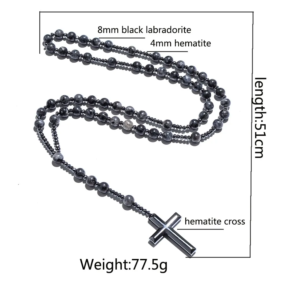 Black Labradorite Catholic Christian Rosary Beaded Necklace Cross Pendant Men and Women