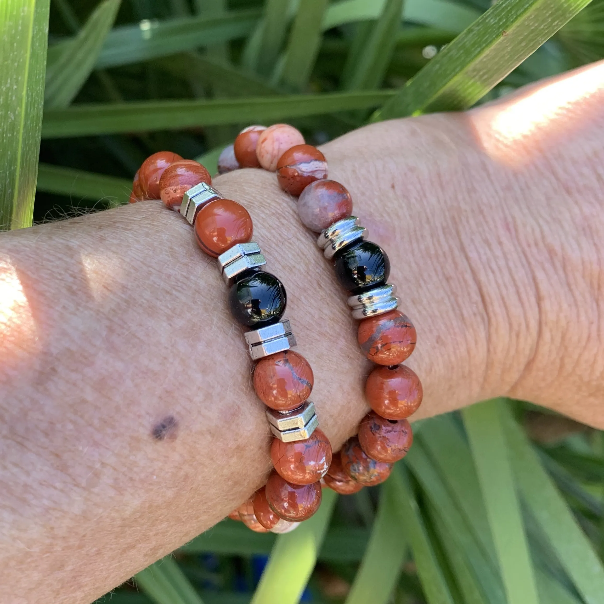 Bracelet in red jasper and black tourmaline, men's bracelet