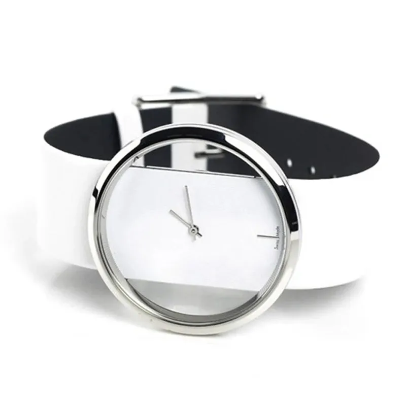 Classic Women Watches Fashion Hollow Transparent Quartz Wristwatch with Leather Strap