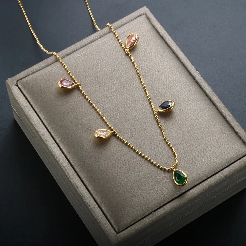 Colorful Zircon Water Drop Necklace Crystal Charm Necklace Jewelry