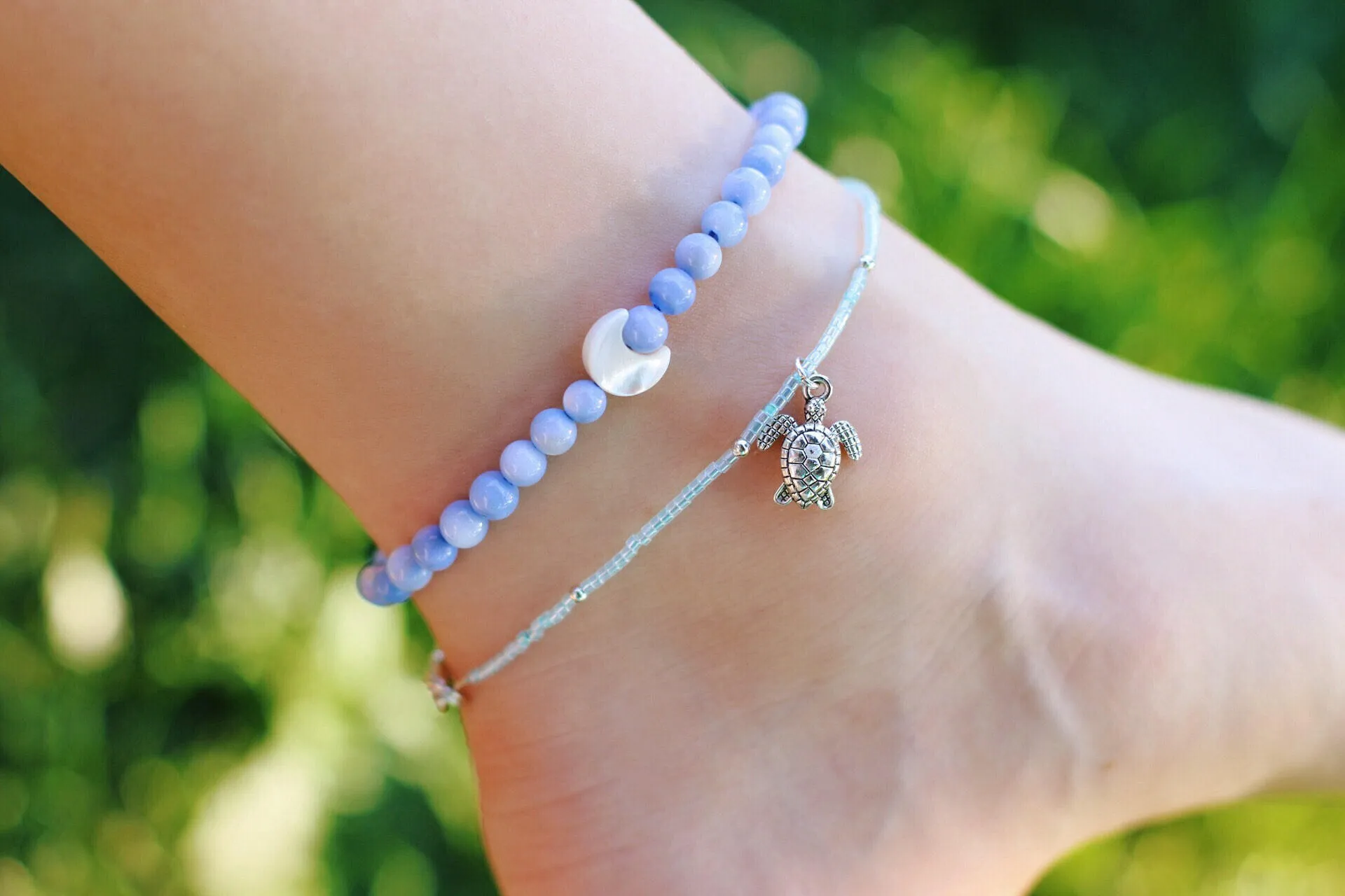 Crescent Moon Sea Shell Anklet, Sterling Silver Anklet, Beach Jewelry, Beaded Anklet