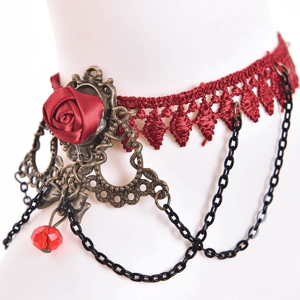 Crimson Rose Red Velvet Vintage Anklet
