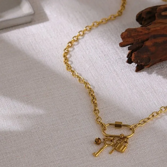 Crystal Lock Key Pendant Necklaces Charm Jewelry YOS0318 Stainless Steel Chain