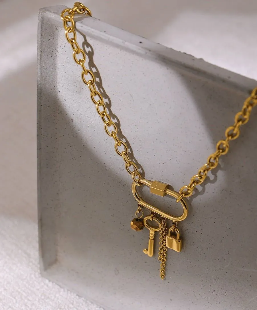 Crystal Lock Key Pendant Necklaces Charm Jewelry YOS0318 Stainless Steel Chain