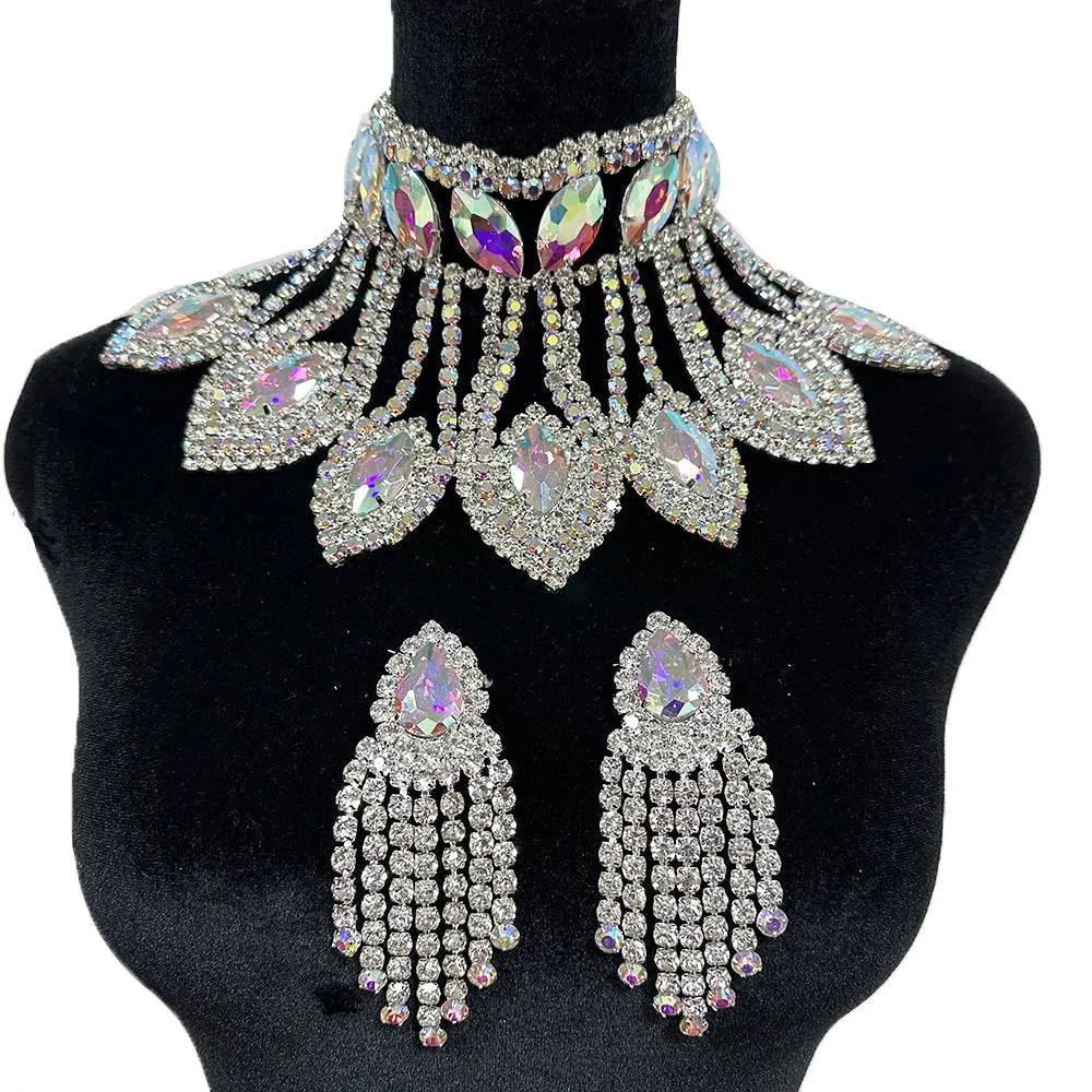 CSS28 Rhinestone Glass Exaggerated Geometric Necklace Set for Wedding Women