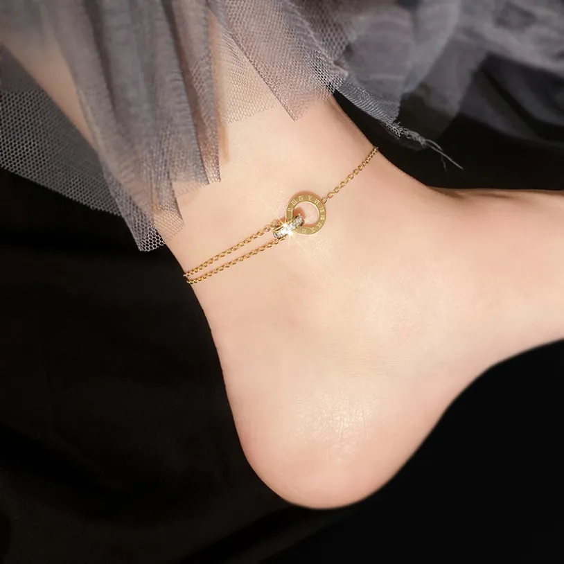 Embedded Zircon Round Roman Numerals Ankle Ornaments Charm Chain Anklet For Women