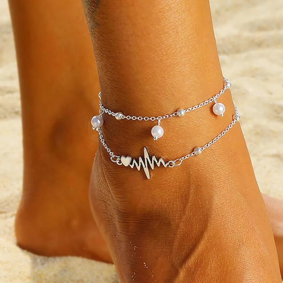 Fashion Anklets Bracelet For Ankle Female Simulation Pearl Heart Beads Anklet