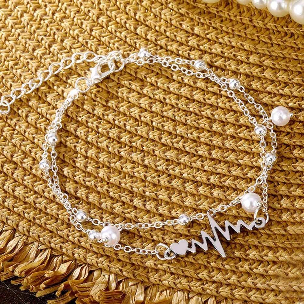Fashion Anklets Bracelet For Ankle Female Simulation Pearl Heart Beads Anklet