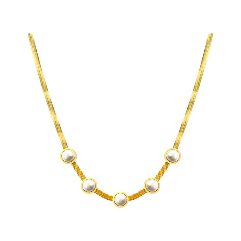 Fashion Fine Jewelry Embedded Pearls Charm Flat Snake Bone Chain