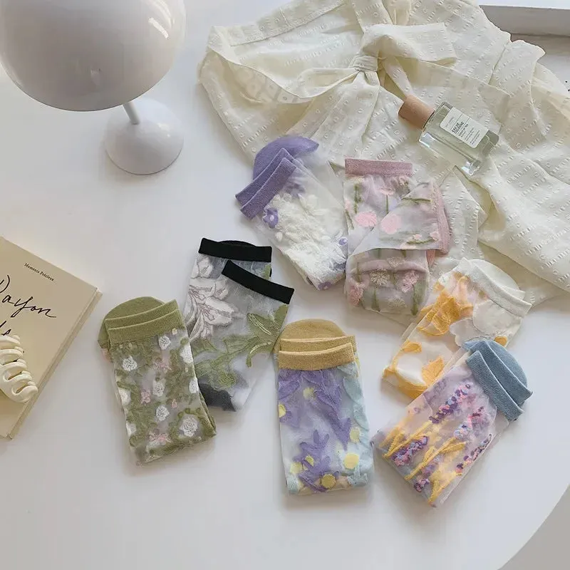 Glassine- the Sheer Pastel Floral Embroidered Socks Collection
