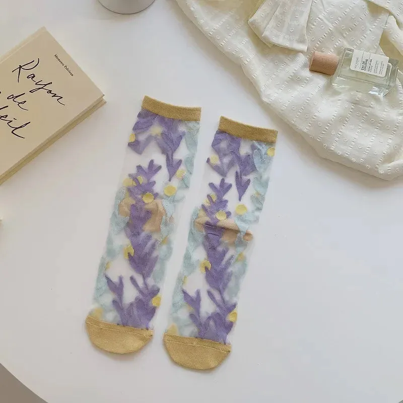 Glassine- the Sheer Pastel Floral Embroidered Socks Collection