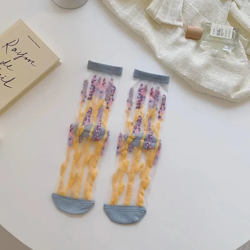 Glassine- the Sheer Pastel Floral Embroidered Socks Collection