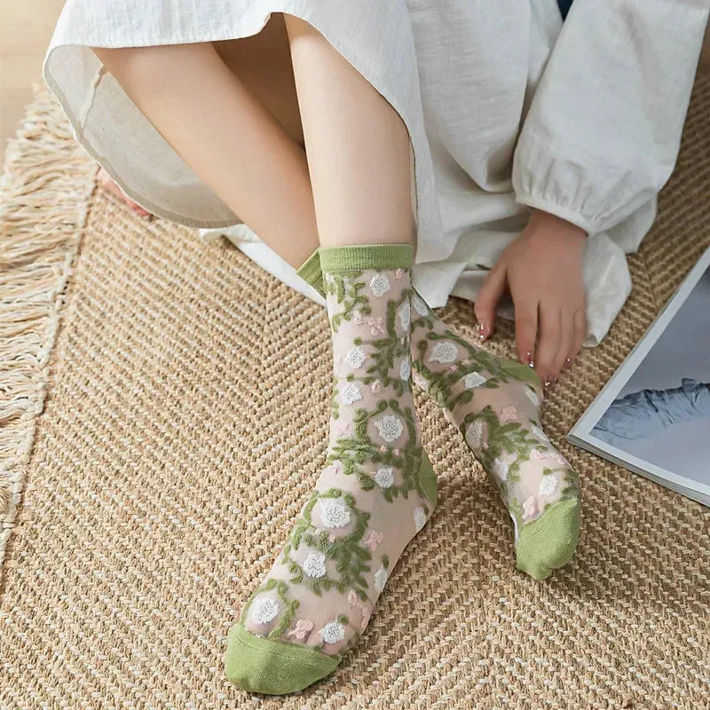 Glassine- the Sheer Pastel Floral Embroidered Socks Collection