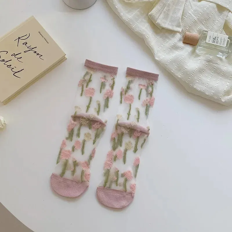 Glassine- the Sheer Pastel Floral Embroidered Socks Collection
