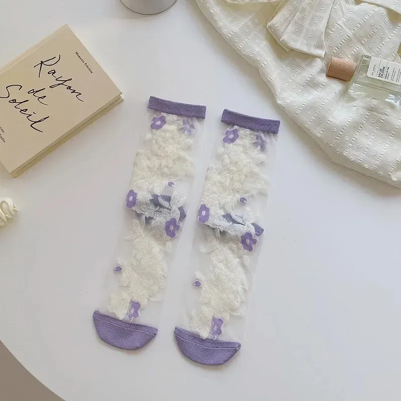 Glassine- the Sheer Pastel Floral Embroidered Socks Collection