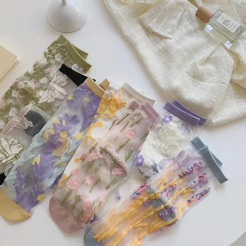 Glassine- the Sheer Pastel Floral Embroidered Socks Collection