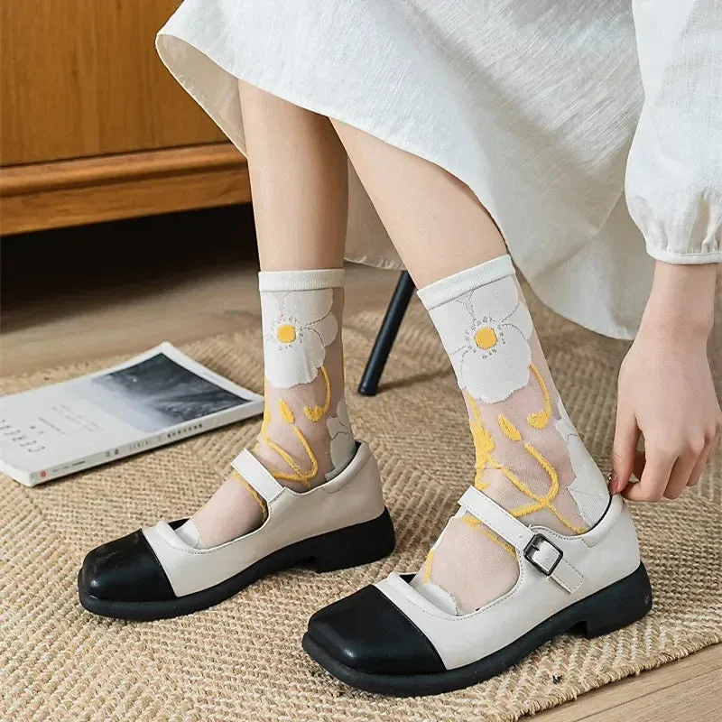 Glassine- the Sheer Pastel Floral Embroidered Socks Collection