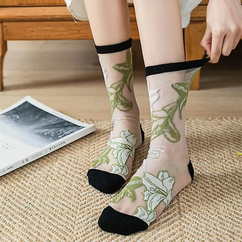 Glassine- the Sheer Pastel Floral Embroidered Socks Collection