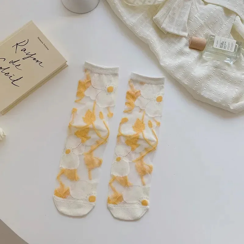 Glassine- the Sheer Pastel Floral Embroidered Socks Collection