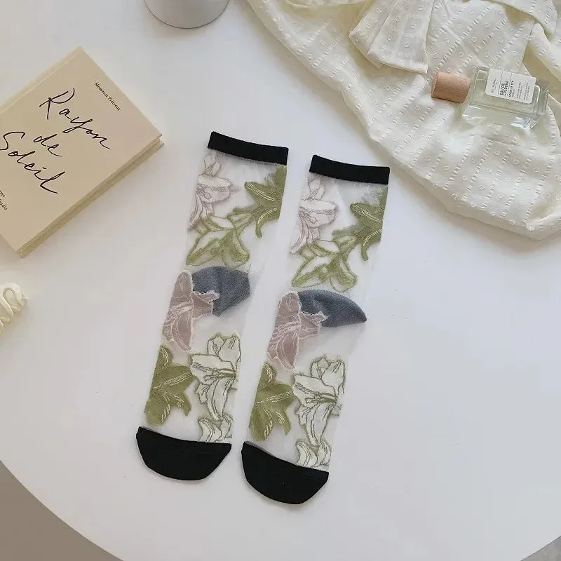 Glassine- the Sheer Pastel Floral Embroidered Socks Collection