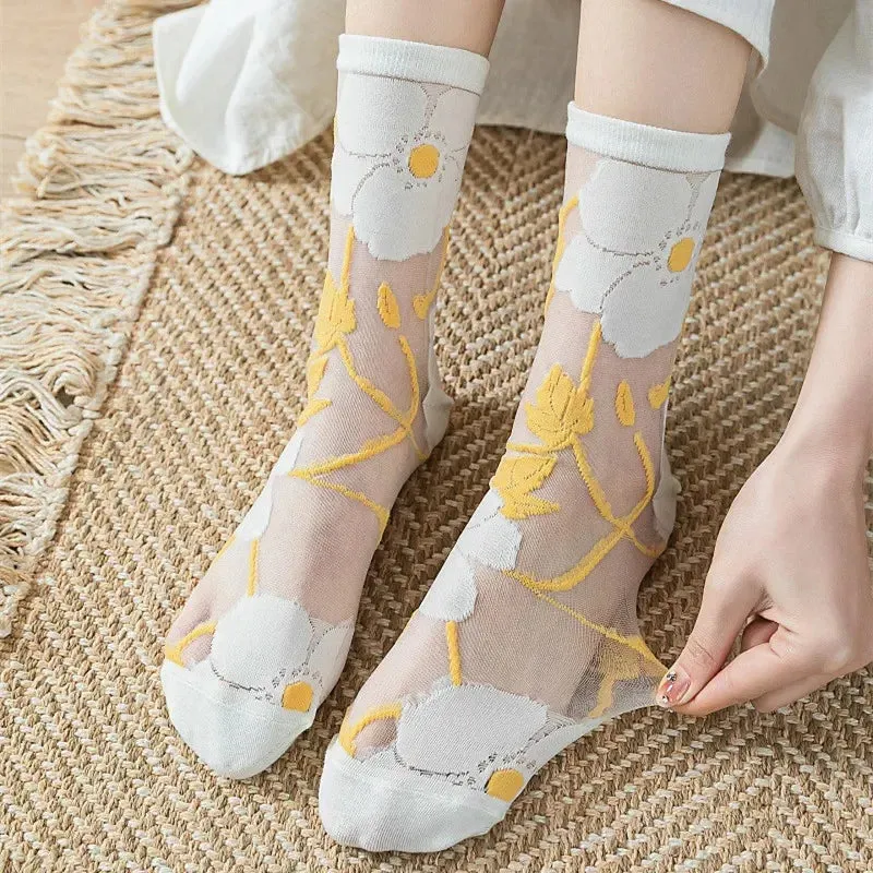 Glassine- the Sheer Pastel Floral Embroidered Socks Collection