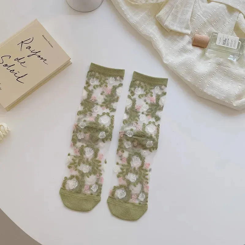 Glassine- the Sheer Pastel Floral Embroidered Socks Collection