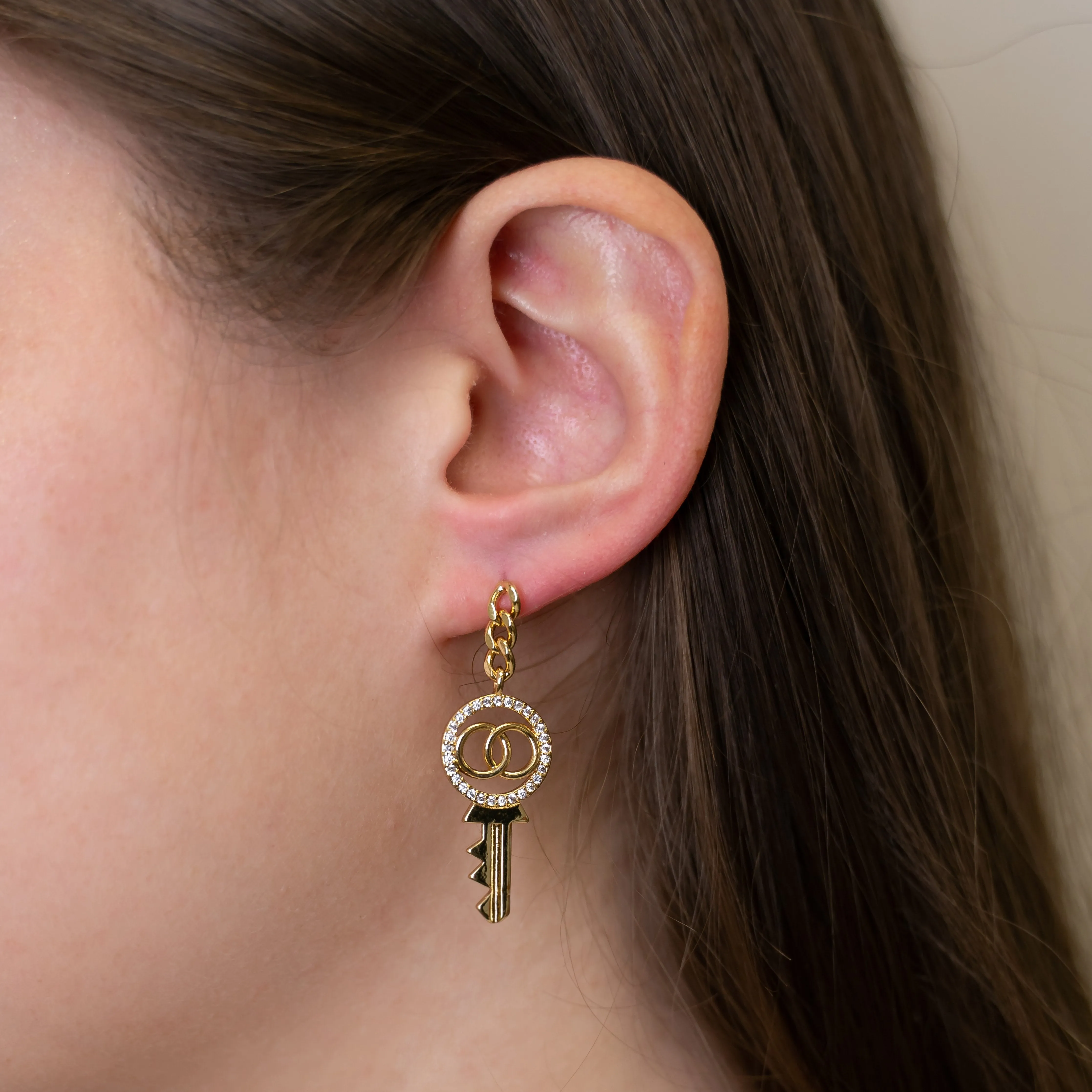 Gold and Crystal Key Earrings
