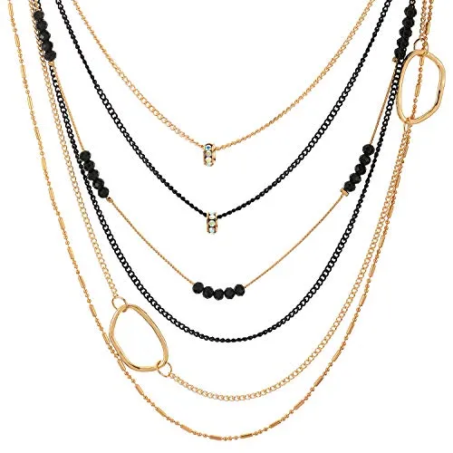 Gold Black Party Necklace Waterfall Multi-Strand Chains with Rhinestones Crystal Beads Circle Charms