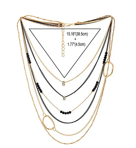 Gold Black Party Necklace Waterfall Multi-Strand Chains with Rhinestones Crystal Beads Circle Charms