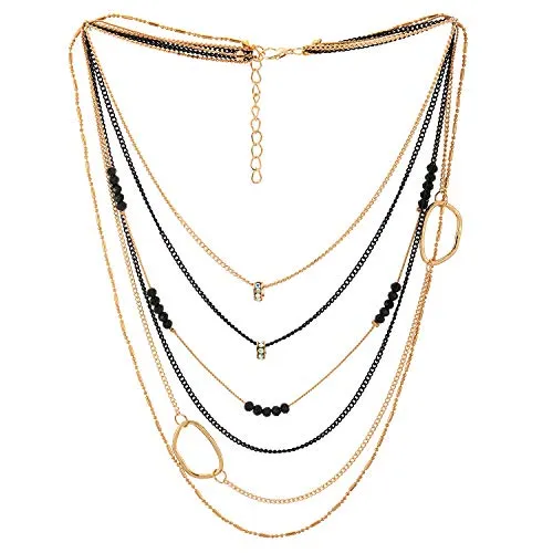 Gold Black Party Necklace Waterfall Multi-Strand Chains with Rhinestones Crystal Beads Circle Charms