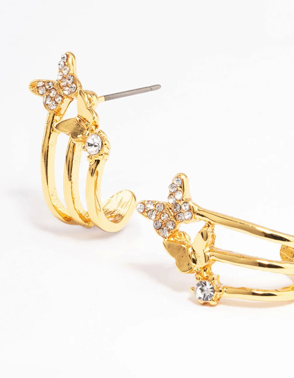 Gold Plated Diamante Butterfly Cuff Triple Hoop Earrings