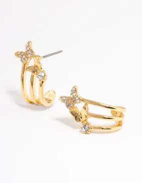 Gold Plated Diamante Butterfly Cuff Triple Hoop Earrings