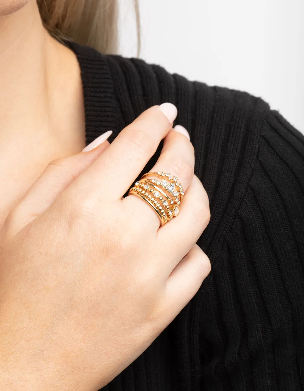 Gold Plated Diamante Pretty Ring Stack 5-Pack