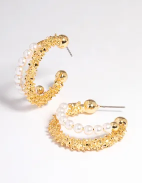 Gold Plated Double Layer Molten Freshwater Pearl Hoop Earrings