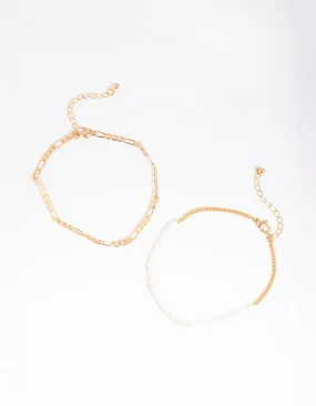 Gold Plated Figaro & Freshwater Pearl Anklet Set