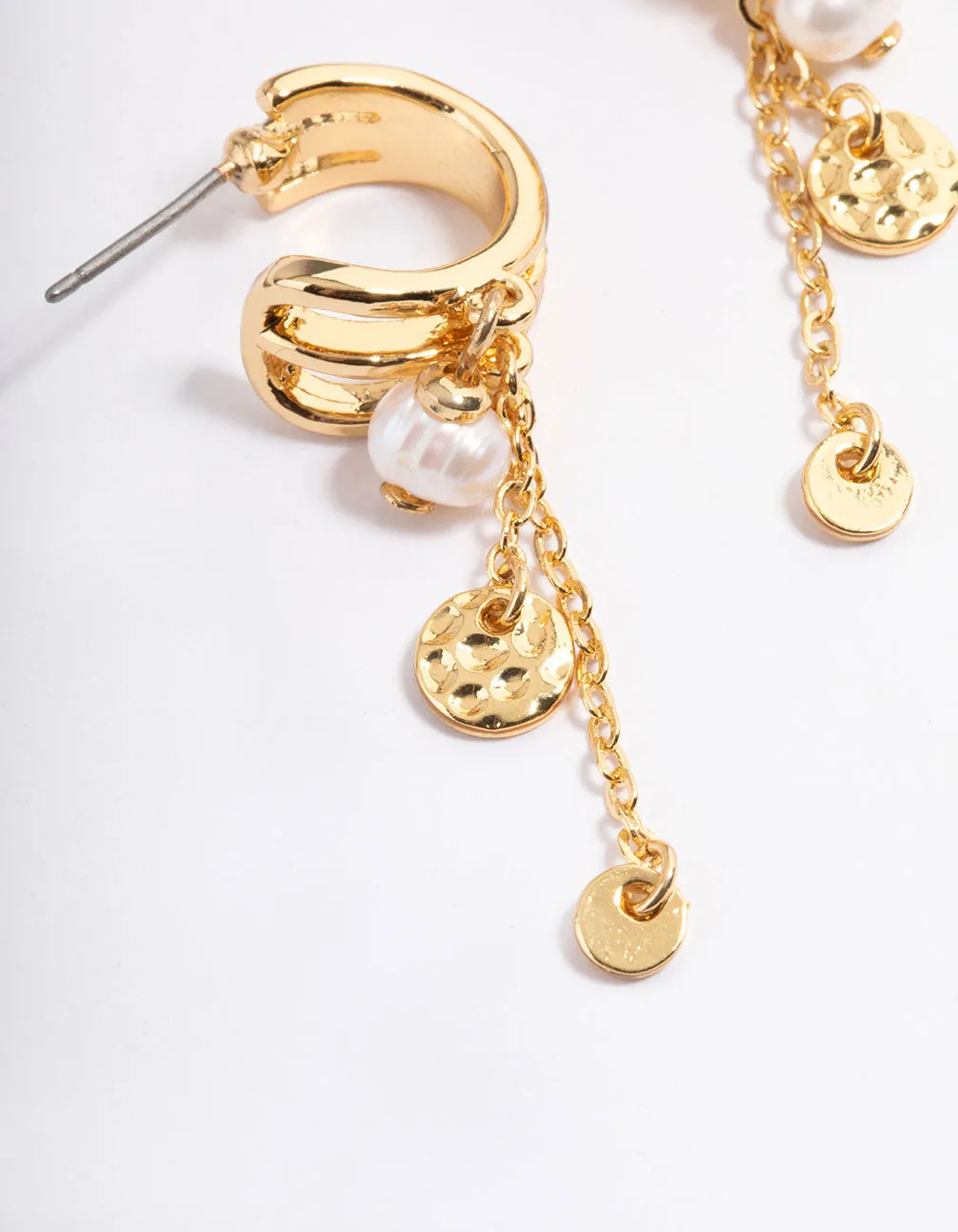 Gold Plated Hammered Disc & Freshwater Pearl Triple Hoop Earrings