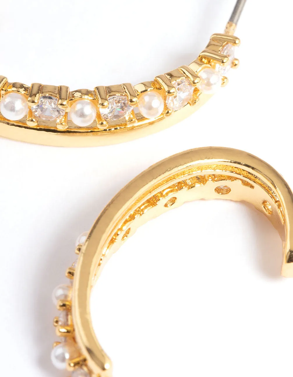 Gold Plated Pearl Cubic Zirconia Long Double Cuff Hoop Earrings