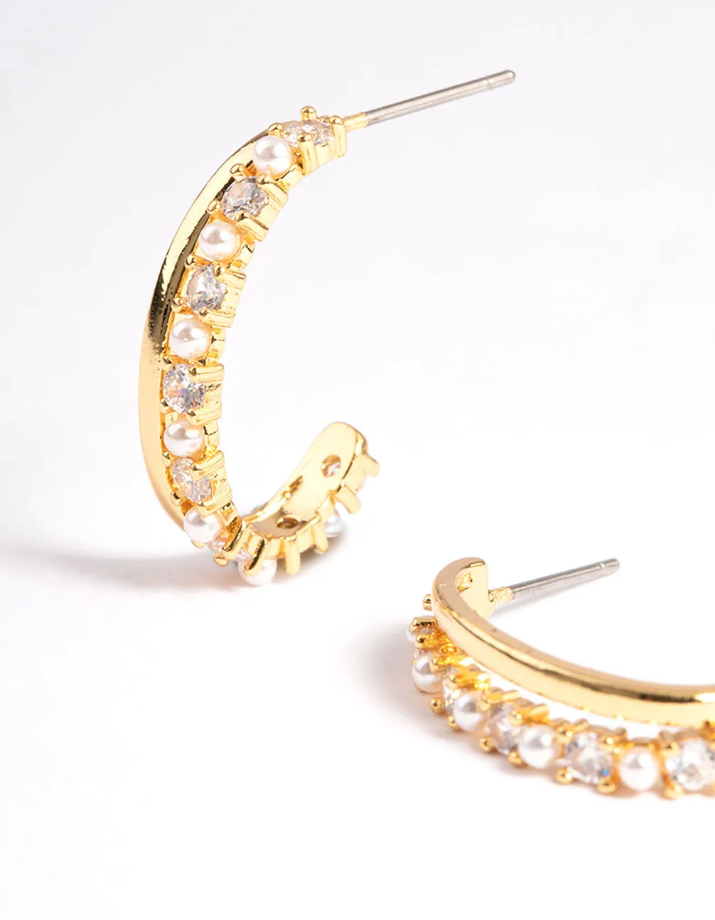 Gold Plated Pearl Cubic Zirconia Long Double Cuff Hoop Earrings